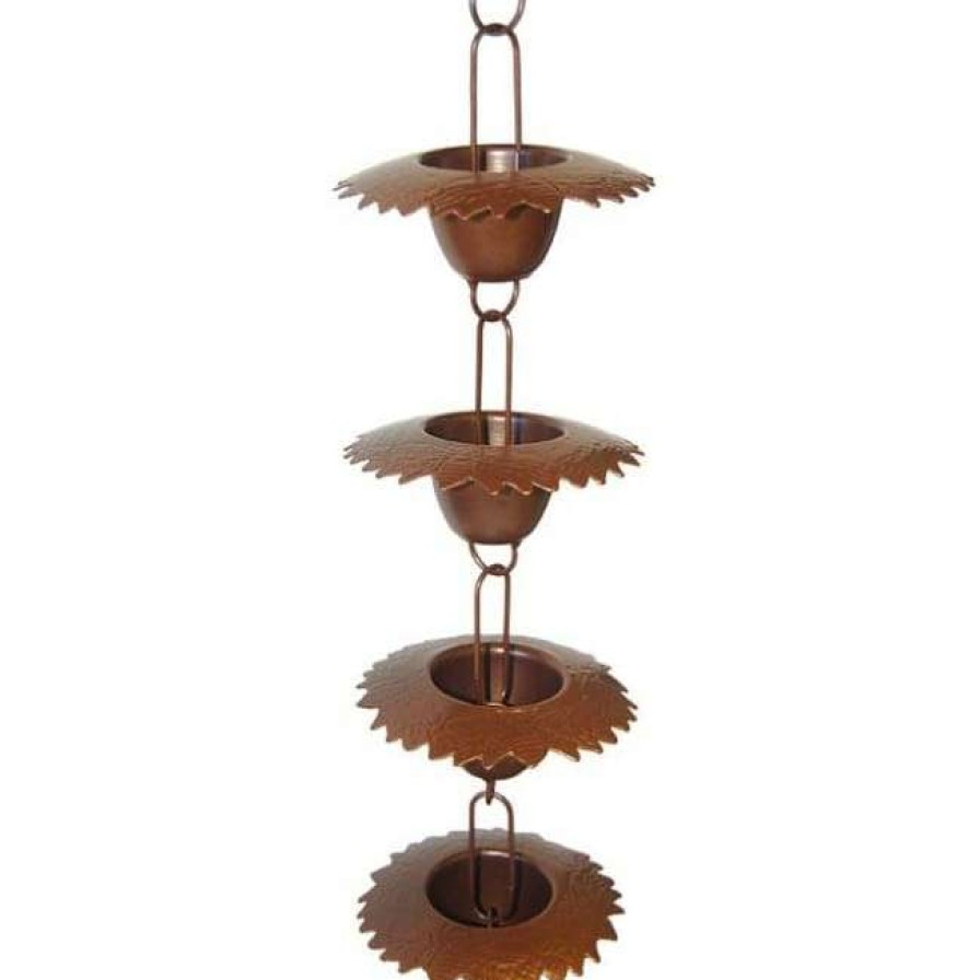 * Ancient Graffiti Lawn & Garden Leaf Cup Rain Chain, Browned Copper Finish | Lawn & Garden