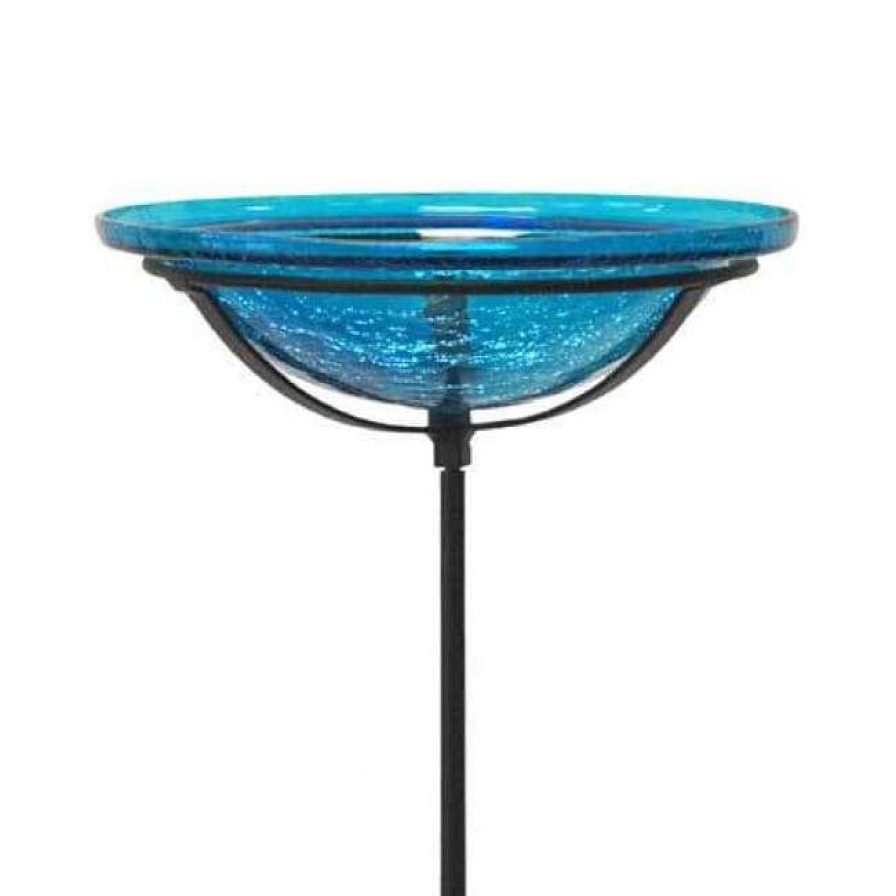 * Achla Crackle Glass Bird Bath Bowl With Cradle And Stake, Teal Standing Bird Baths | Bird Baths