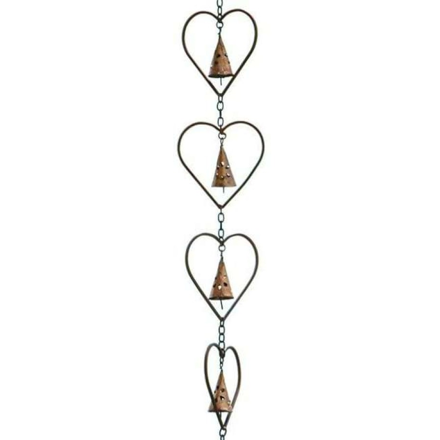 * Ancient Graffiti Heart And Bell Rain Chain, Flamed Copper Lawn & Garden | Lawn & Garden