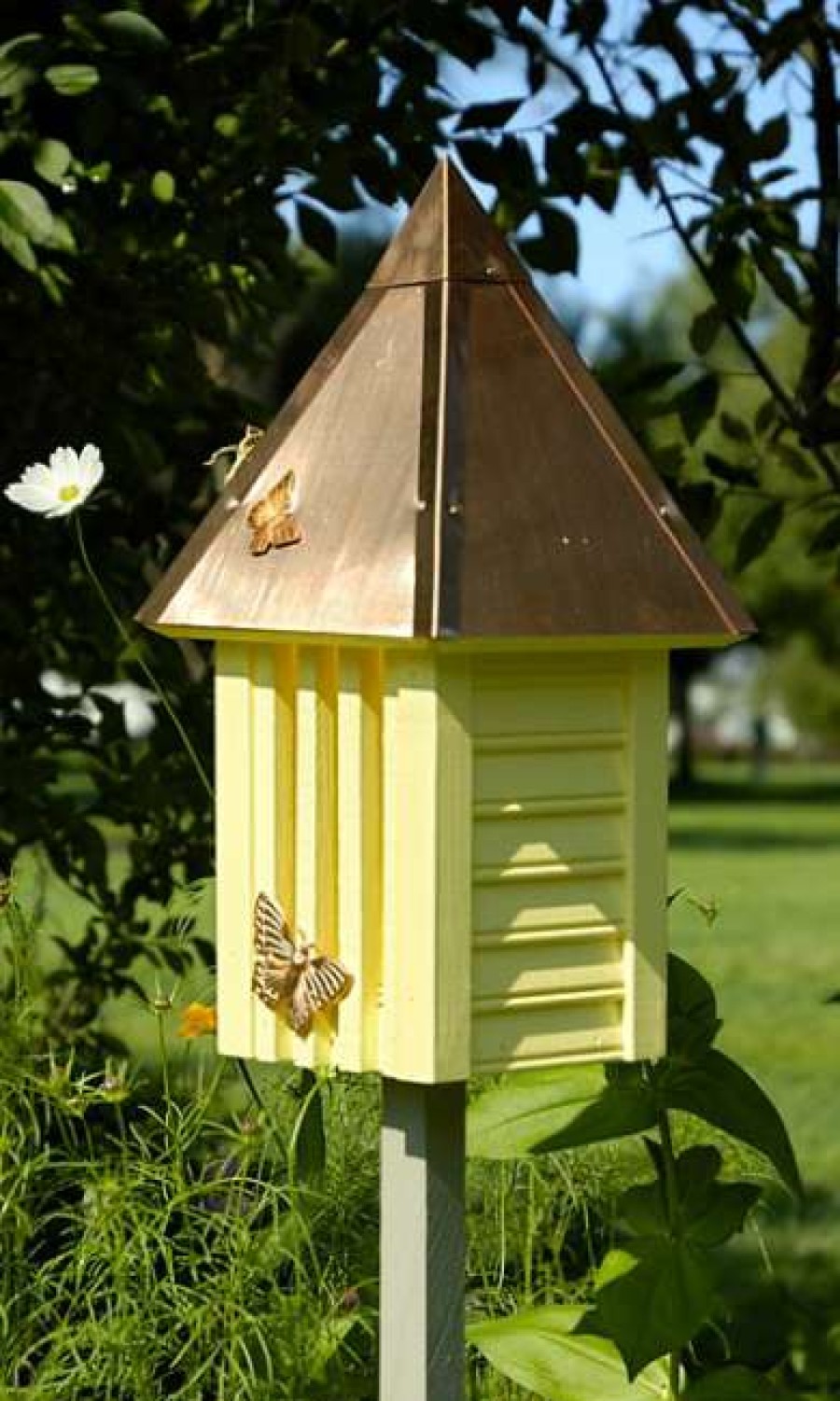 * Heartwood Flutterbye Butterfly House & Pole, Solid Copper Roof, Yellow Butterflies | Butterflies